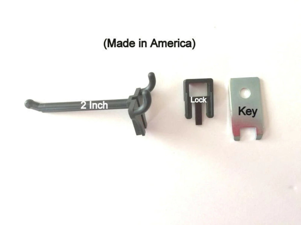 (250 PACK) 2 Inch Locking Black Plastic Pegboard Peg Hooks (250 Locks, 12 Keys)