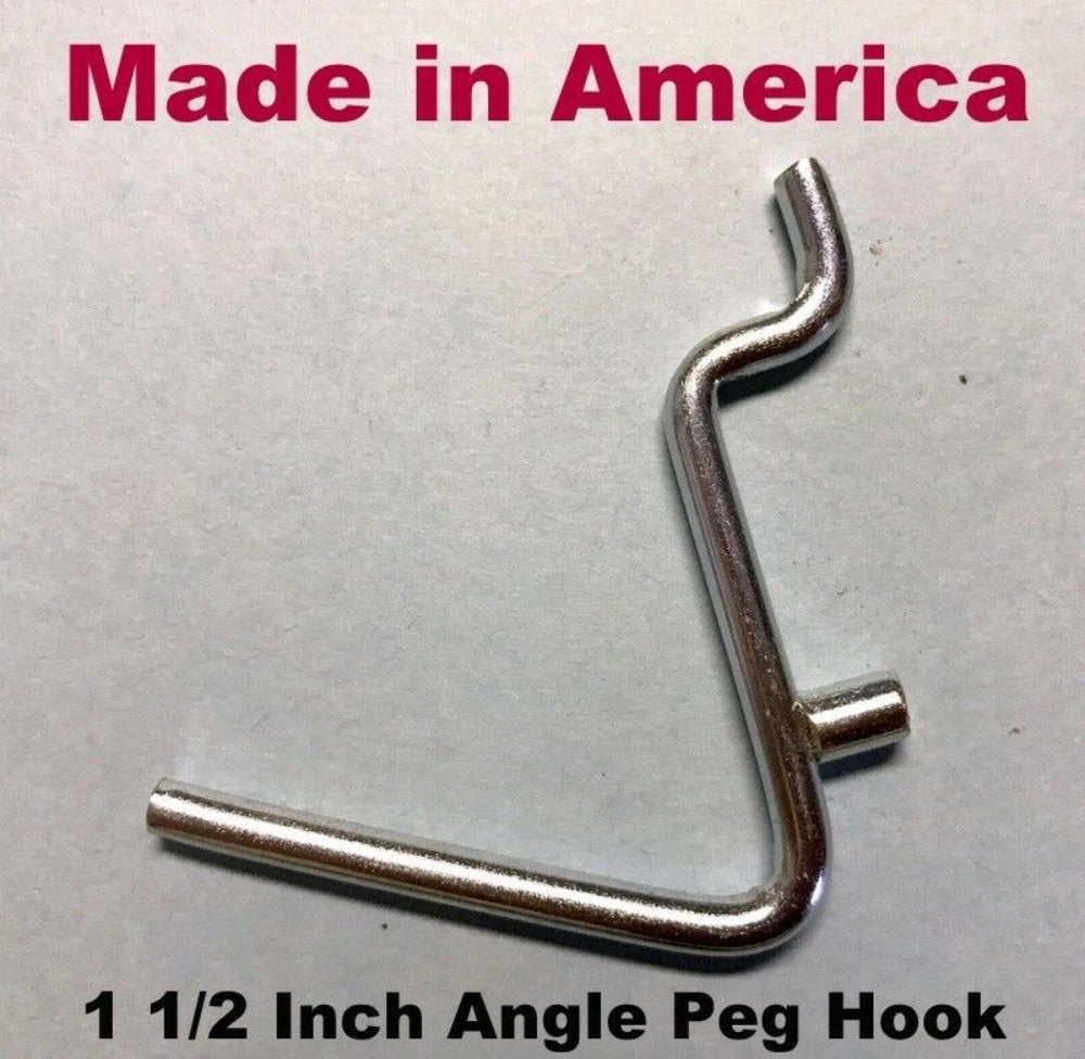 (20 PACK) Angle 1 1/2" Metal Peg Garage Hanger Hooks.  1/8 to 1/4 Inch Pegboard