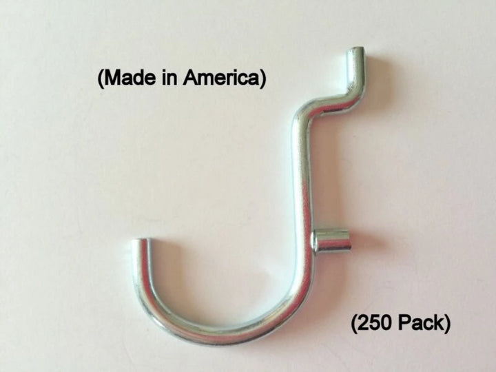 (250 PACK) 1" Jumbo 'J' Metal Peg Garage Hanger Hooks. 1/8 to 1/4 Inch Pegboard