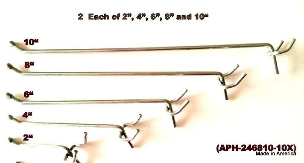 (10 Pack) Asst. Metal Peg Hooks 2 Each of 2, 4, 6, 8, 10" Pegboard or Slatwall