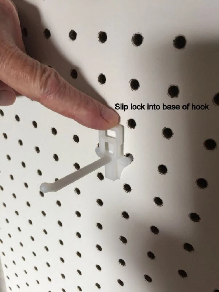 (100 PACK) 4 Inch Locking White Plastic Peg Hooks Fit 1/8-1/4 Pegboard 6 Key inc
