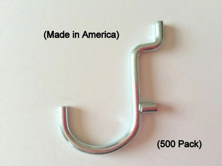 (500 PACK) 1" Jumbo 'J' Metal Peg Garage Hanger Hooks. 1/8 to 1/4 Inch Pegboard