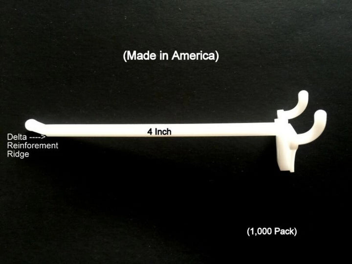 (1,000 PACK) 4 Inch White Plastic Peg Hooks For 1/8 to 1/4 Pegboard. Made in USA