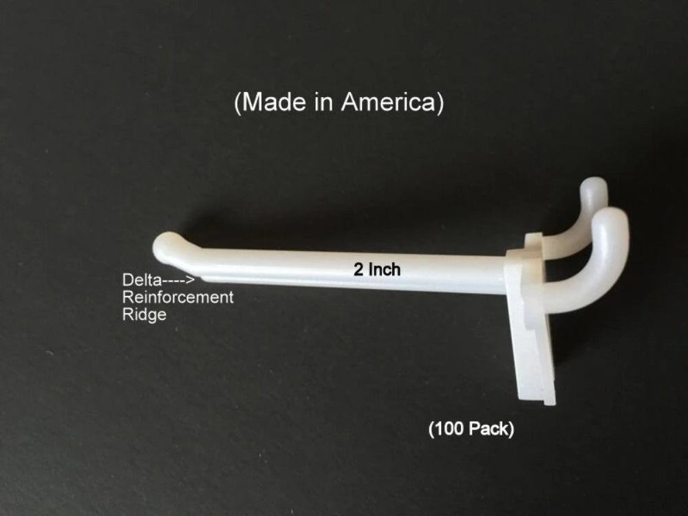 (100 PACK)  2 Inch White Plastic Peg Hooks For 1/8" to 1/4" Pegboard. USA Made