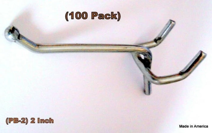 (100 PACK) 2 Inch All Metal Peg Hooks 1/8 to 1/4" Pegboard, Slatwall, Garage kit