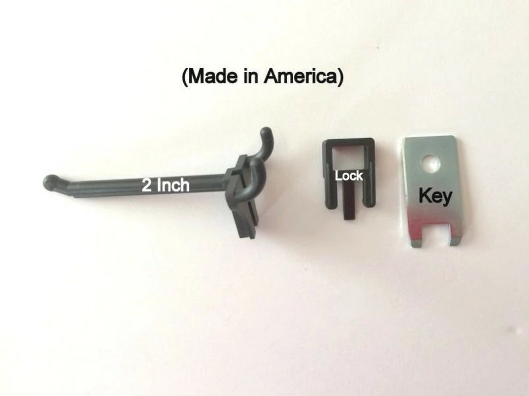 (50 PACK) 2 Inch Locking Black Plastic Pegboard Peg Hooks  (50 Locks 4 Keys)