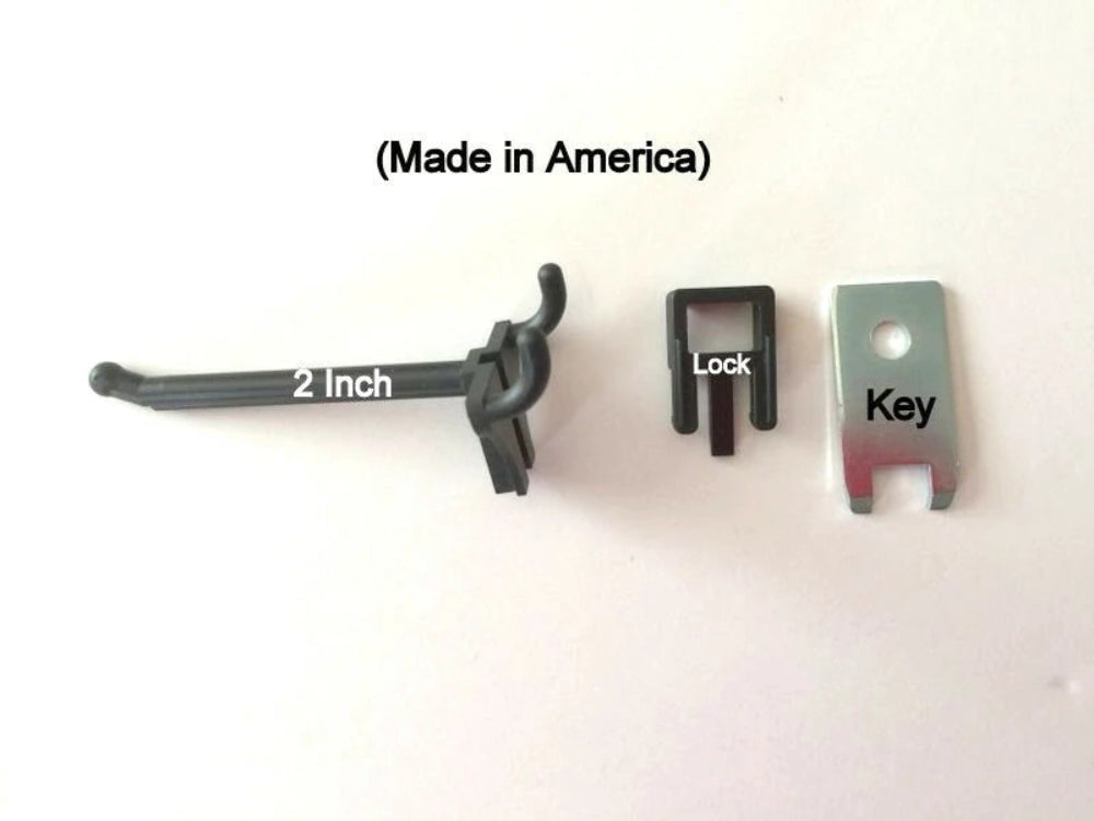 (20 PACK) 2 Inch Locking Black Plastic Peg Hooks For Pegboard (20 Locks, 2 Keys)