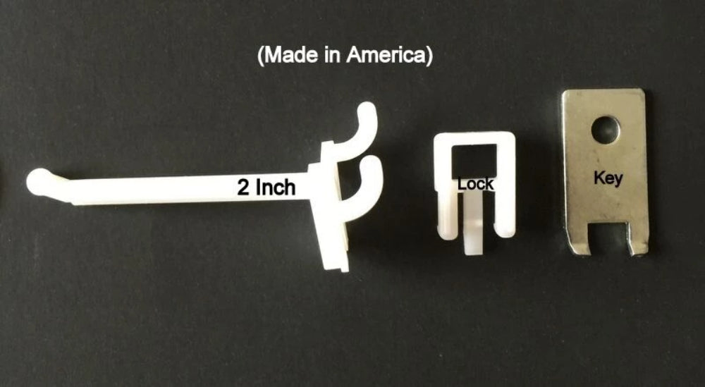 (100 PACK)  2 Inch Locking White Plastic Pegboard Peg Hooks  (100 Locks, 6 Keys)