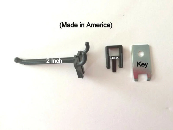 (500 PACK) 2 Inch Locking Black Plastic Pegboard Peg Hooks  (500 Locks, 20 Keys)