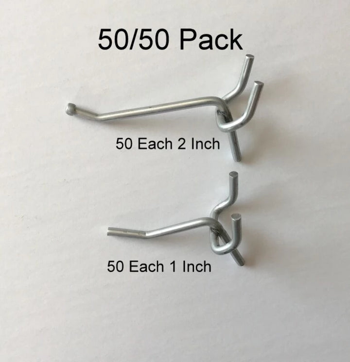 (100 Pack) Asst (50) 2 and (50) 1 Inch Peg Hooks Display Garage Shelf Hanger Kit