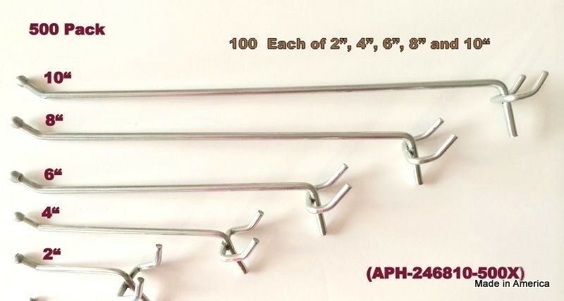 (500 Pack)  Asst. Metal Peg Hooks100 Ea of 10, 8, 6, 4, 2" Pegboard or Slatwall