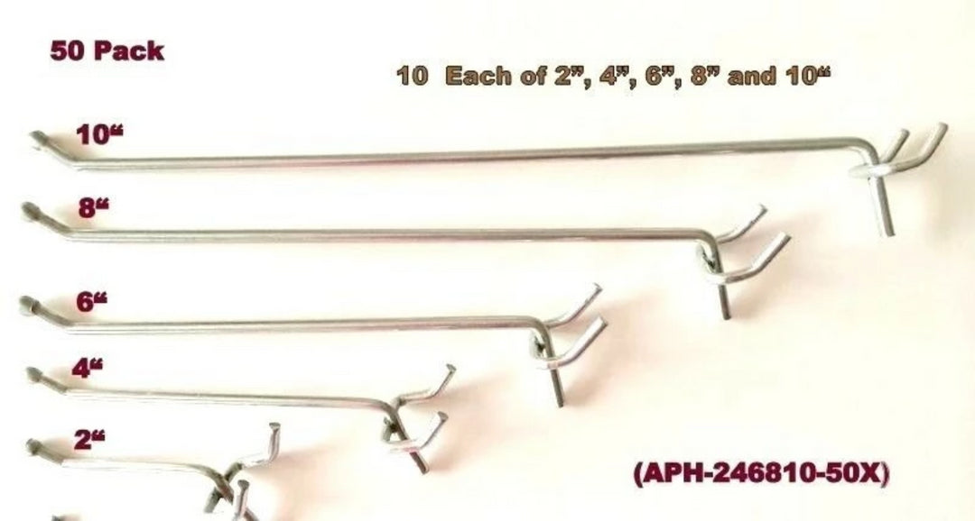 (50 Pack) Asst. Metal Pegboard Hooks-10 Ea. of 10, 8, 6, 4 & 2".Made in USA! Peg