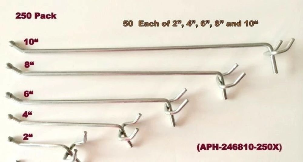 (250 Pack) Asst. Metal Peg Hooks 50 Ea of 10, 8, 6, 4, 2" Pegboard or Slatwall