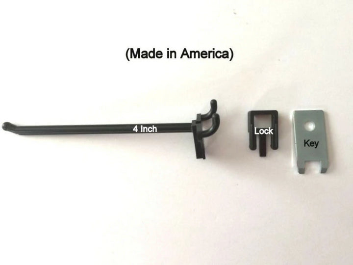 (20 PACK) 4 Inch Locking Black Plastic Pegboard Peg Hooks (20 Locks, 2 Keys Inc)