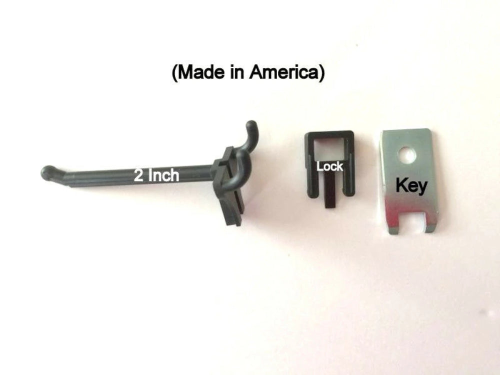 (100 PACK) 2 Inch Locking Black Plastic Pegboard Peg Hooks  (100 Locks, 6 Keys)