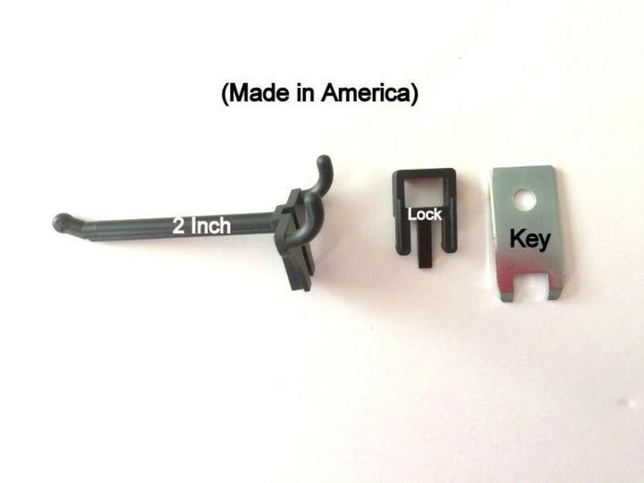 (100 PACK) 2 Inch Locking Black Plastic Pegboard Peg Hooks  (100 Locks, 6 Keys)