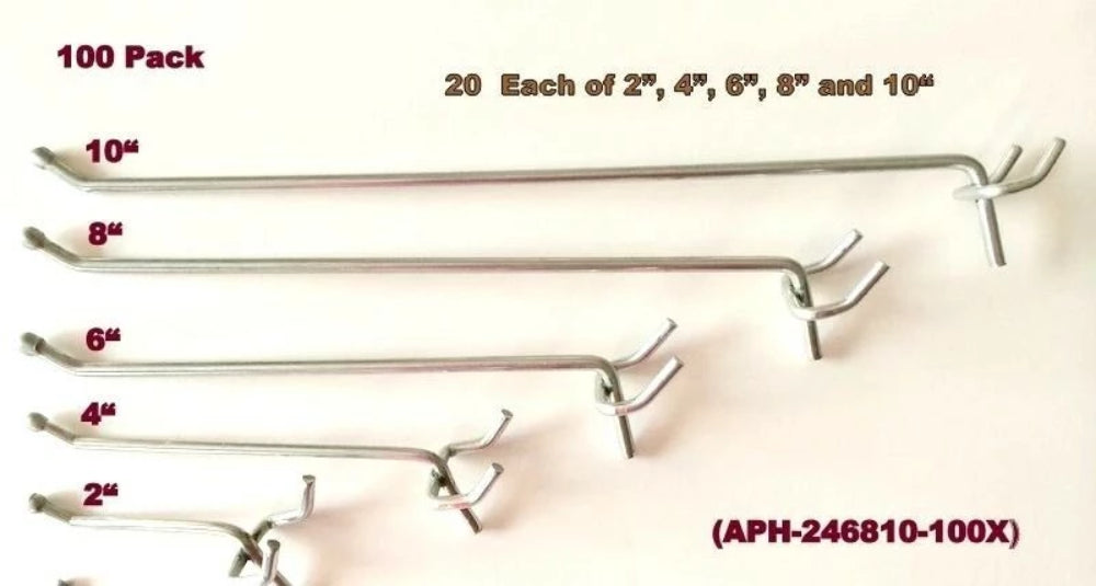 (100 Pack) Asst. Metal  Pegboard Hooks-20 Ea. of 10, 8, 6, 4, 2" Made In USA Peg