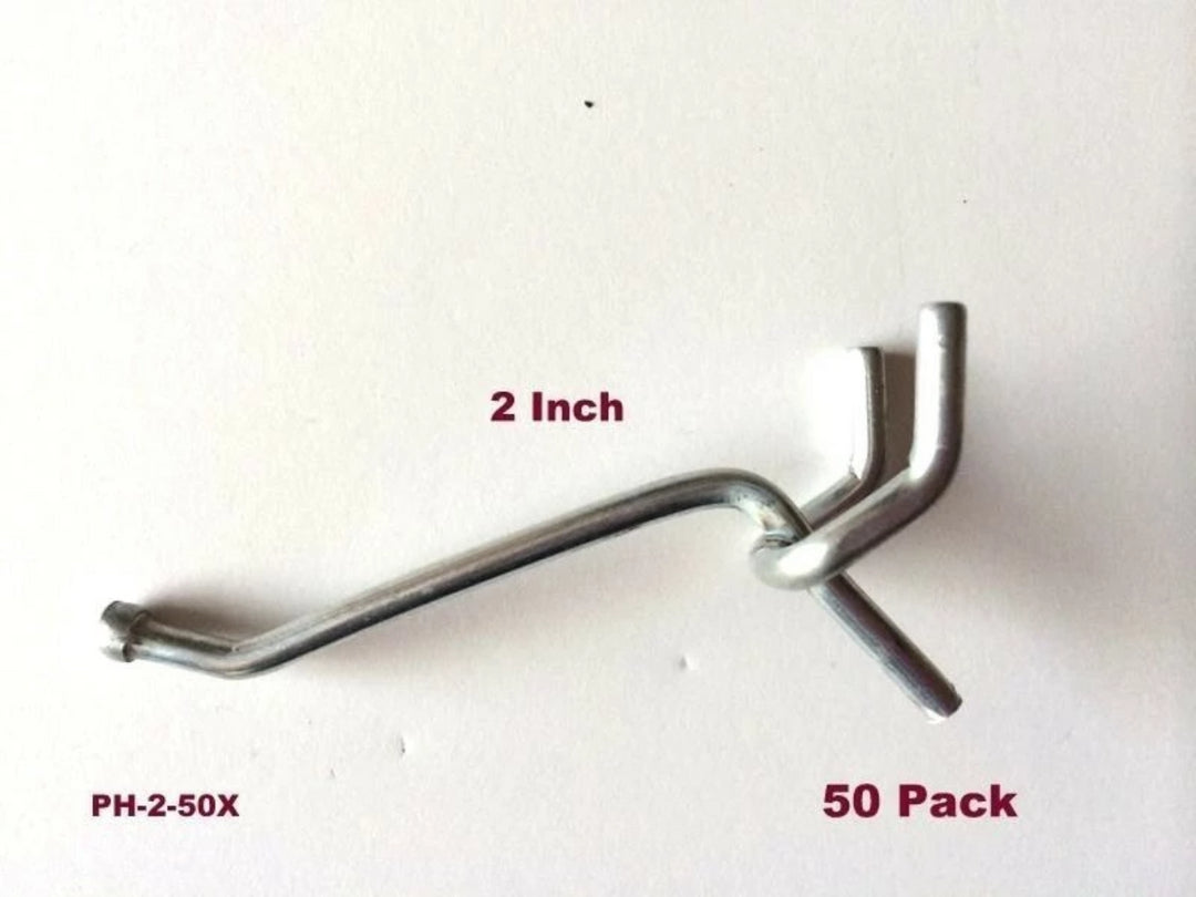 (50 PACK) 2 Inch All Metal Peg Hooks 1/8" to 1/4" Pegboard, Slatwall, Garage kit