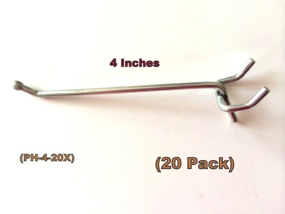 (20 PACK) 4 Inch All Metal Peg Hooks 1/8 to 1/4" Pegboard, Slatwall, Garage kit