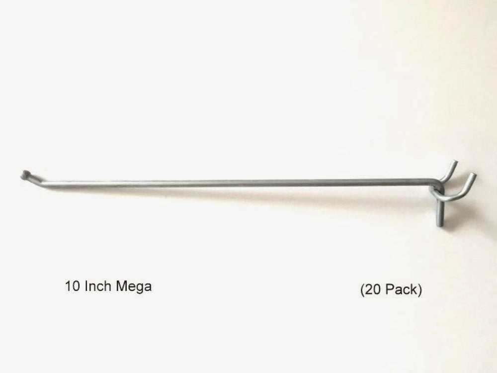(20 PACK) USA Made 10" Metal Mega Peg Hooks For 1/8 & 1/4 Pegboard or Slatwall