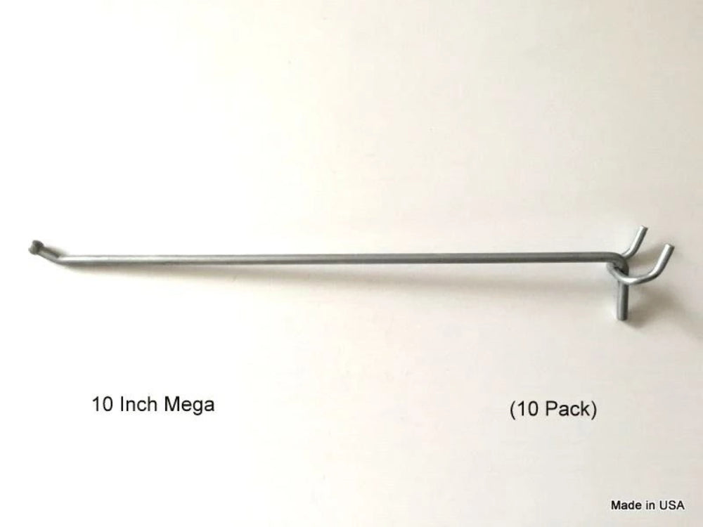 (10 PACK) USA Made 10 Inch Mega Peg Hooks For 1/8" to 1/4" Pegboard or Slatwall