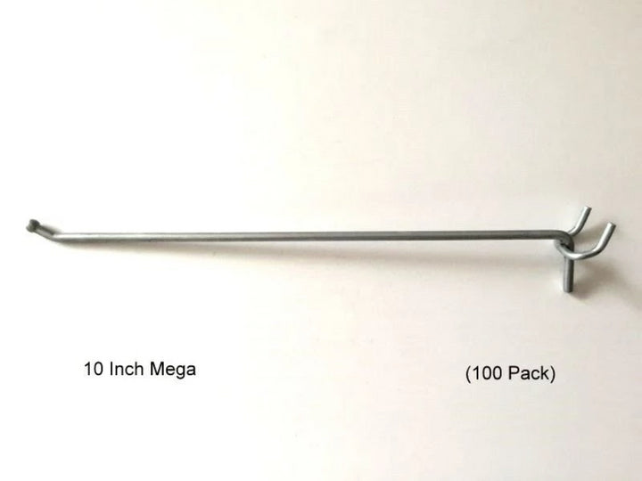 (100 PACK) USA Made 10" Metal Mega Peg Hooks For 1/8 & 1/4 Pegboard or Slatwall