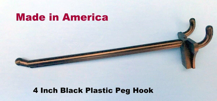 (100 PACK) 4 Inch Black Plastic Peg Hooks For 1/8" to 1/4" Pegboard. Made in USA