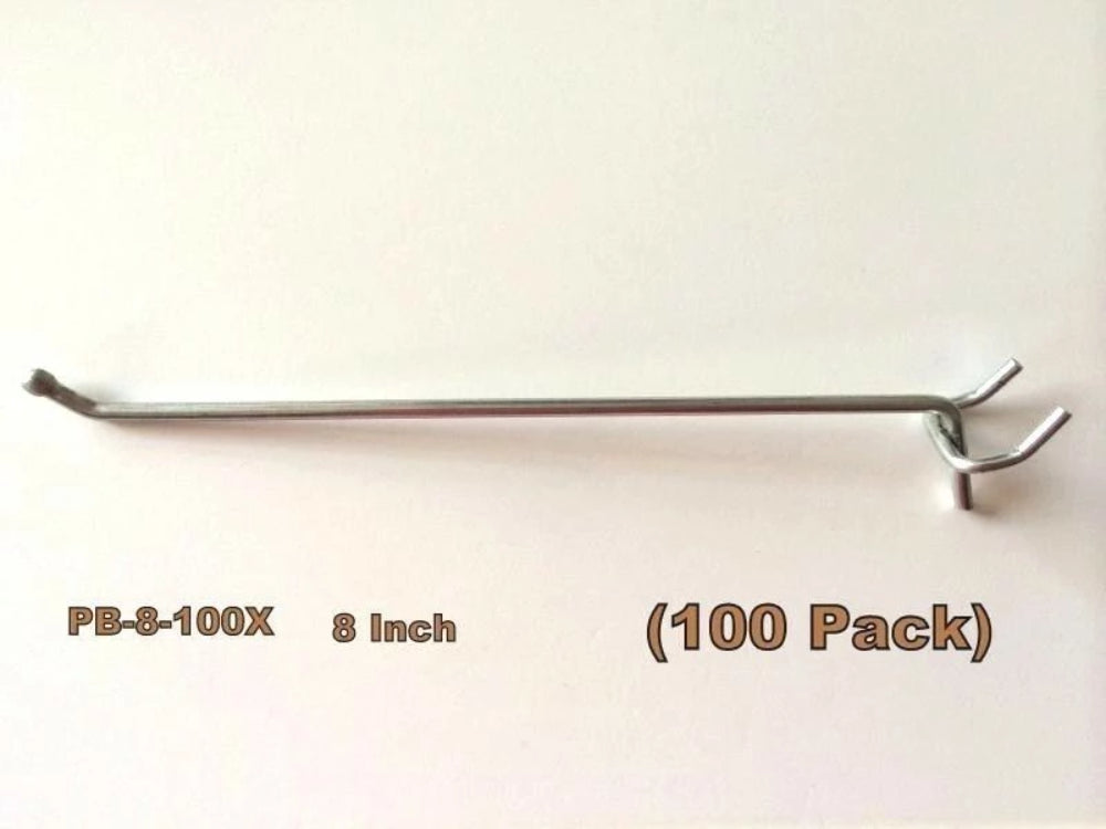 (100 PACK) USA Made 8 Inch Metal Peg Hooks For 1/8 & 1/4 Pegboard & Slatwall.