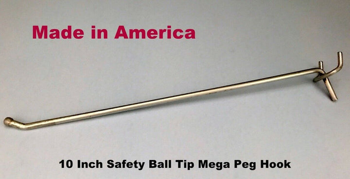 (10 PACK) USA Made 10 Inch Mega Peg Hooks For 1/8" to 1/4" Pegboard or Slatwall