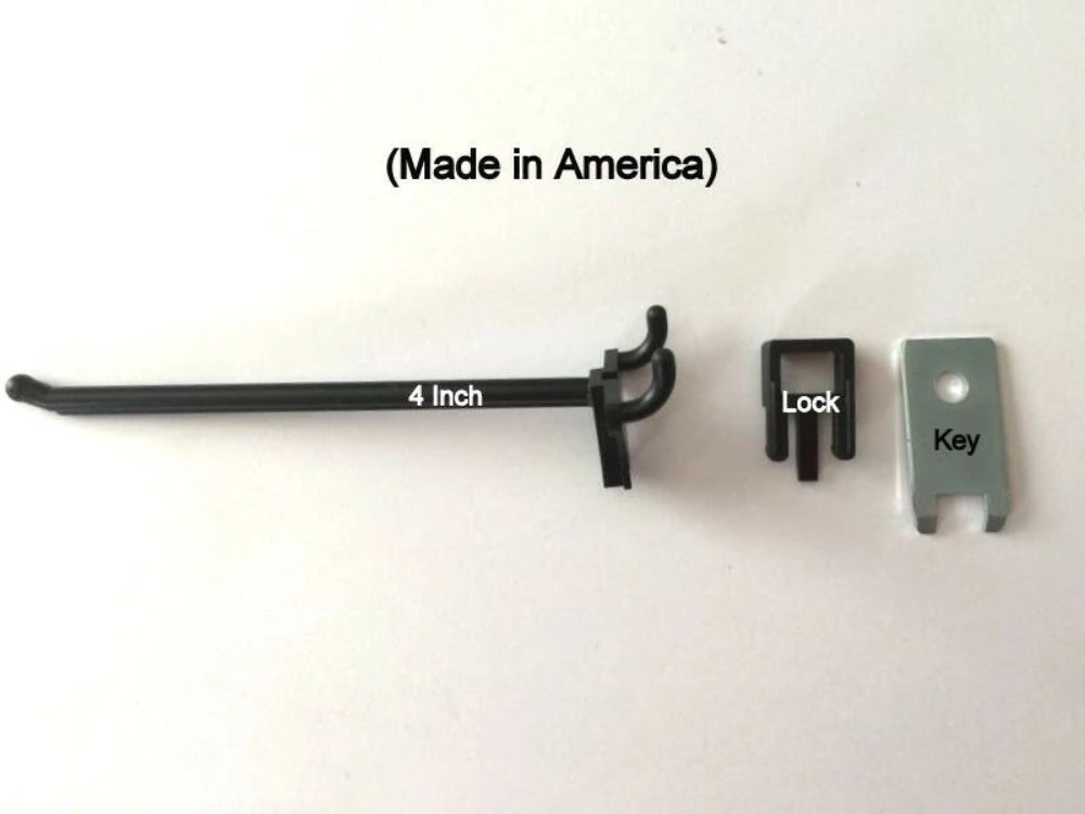 (250 PACK) 4 Inch Locking Black Plastic Pegboard Peg Hooks  (250 Locks, 12 Keys)