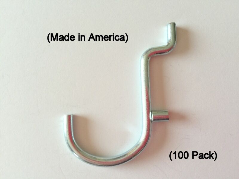 (100 PACK) 1" Jumbo 'J' Metal Peg Garage Hanger Hooks. 1/8 to 1/4 Inch Pegboard