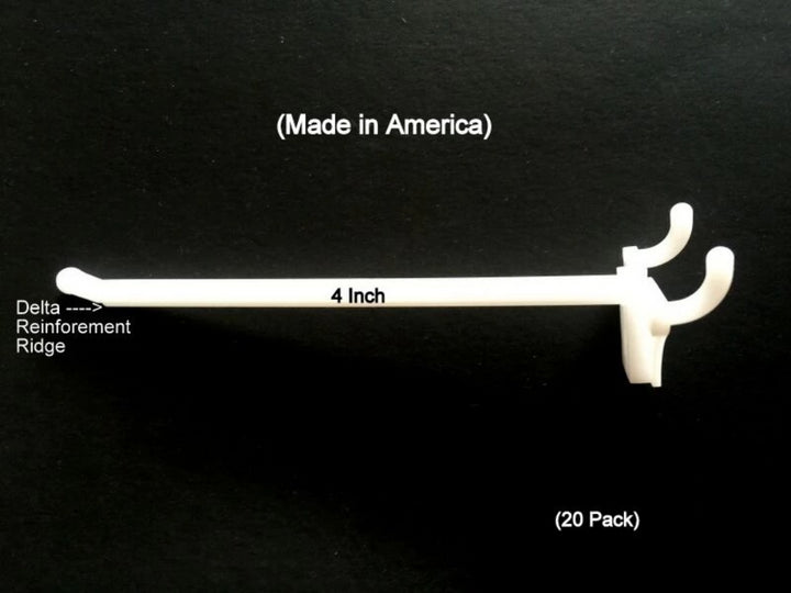 (20 PACK) 4 Inch White Plastic Peg Hooks For 1/8" to 1/4" Pegboard.  USA Made