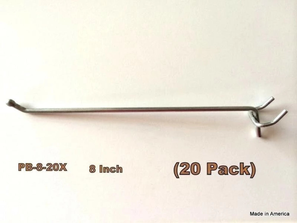 (20 PACK) USA Made 8 Inch Metal Peg Hooks. For 1/8 & 1/4" Pegboard or Slatwall