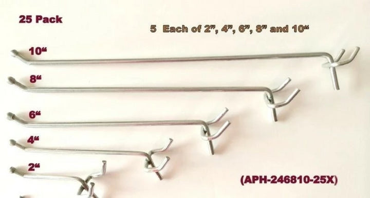 (25 Pack) Asst. Metal Peg Hooks  5 Ea of 10, 8, 6, 4, 2"  Pegboard or Slatwall