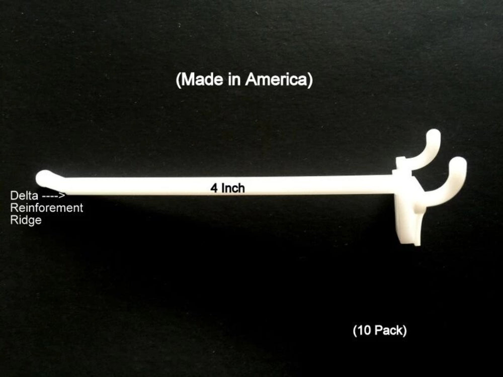 (10 PACK) 4 Inch White Plastic Peg Hooks For1/8" to 1/4" Pegboard. American Made