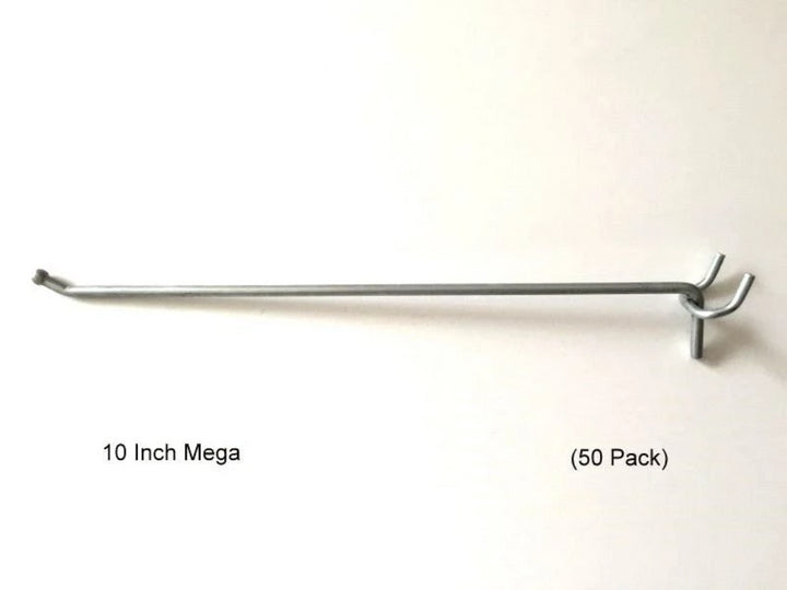 (50 PACK) USA Made 10" Metal Mega Peg Hooks For 1/8 & 1/4 Pegboard or Slatwall