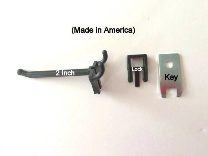 (10 PACK) 2 Inch Locking Black Plastic Peg Hooks For Pegboard. (10 Locks, 1 Key)