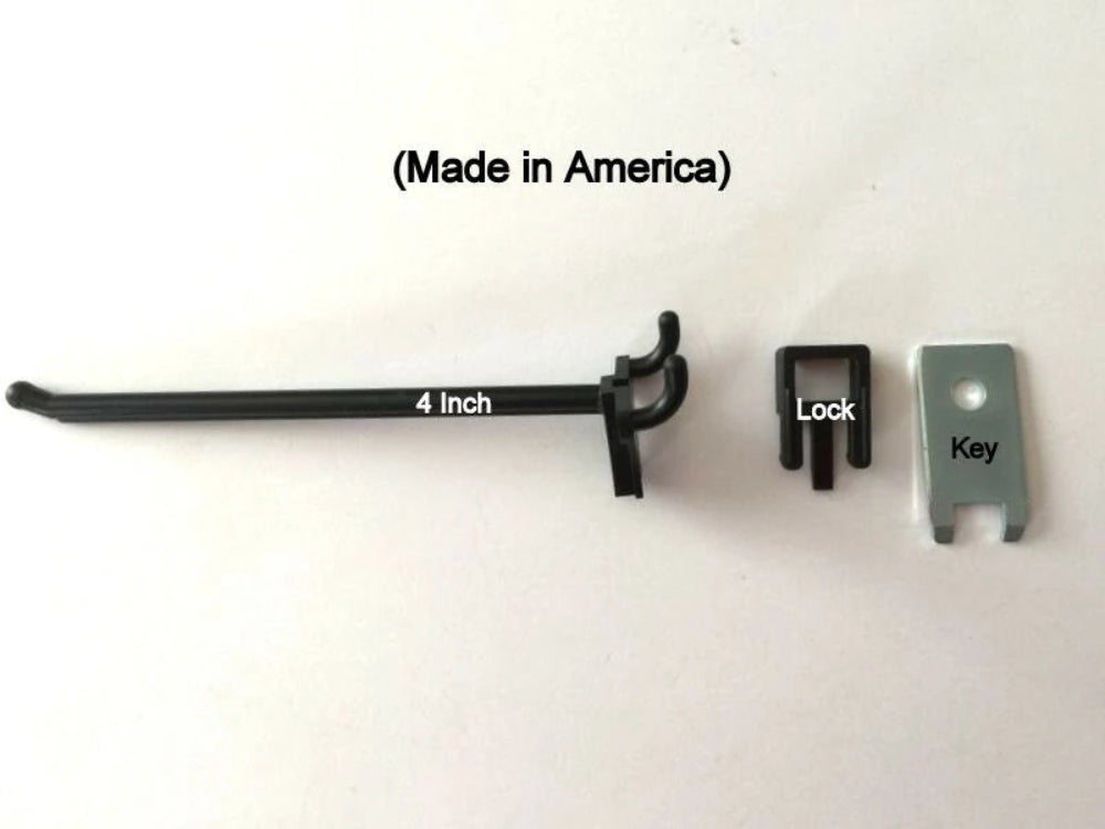 (100 PACK) 4 Inch Locking Black Plastic Pegboard Peg Hooks (100 Locks, 6 Keys)